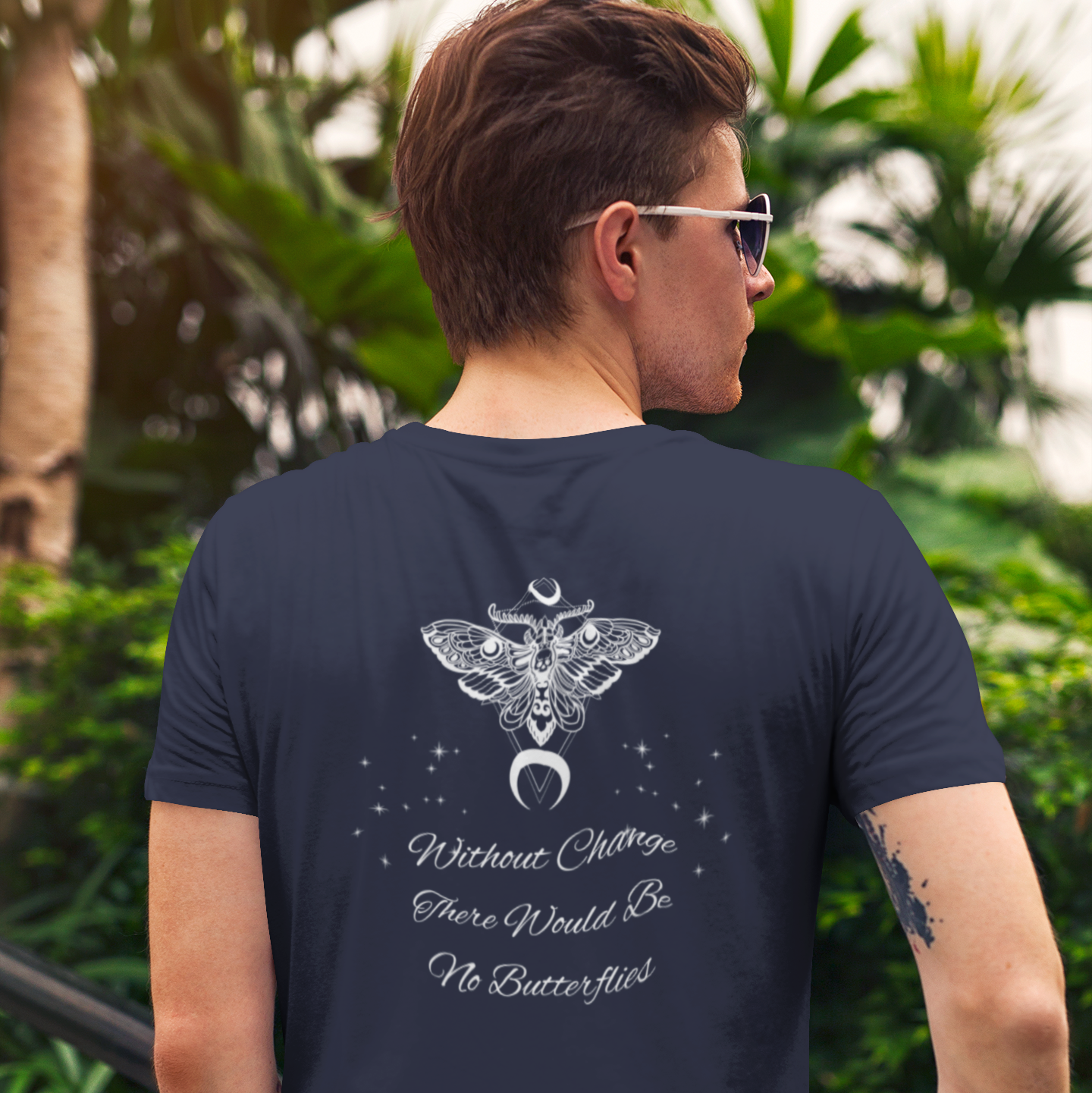 Without Change There Would Be No Butterflies | Design On Back | Stars| Moth | Spiritual | Men and Women's | Unisex Jersey Short Sleeve Tee