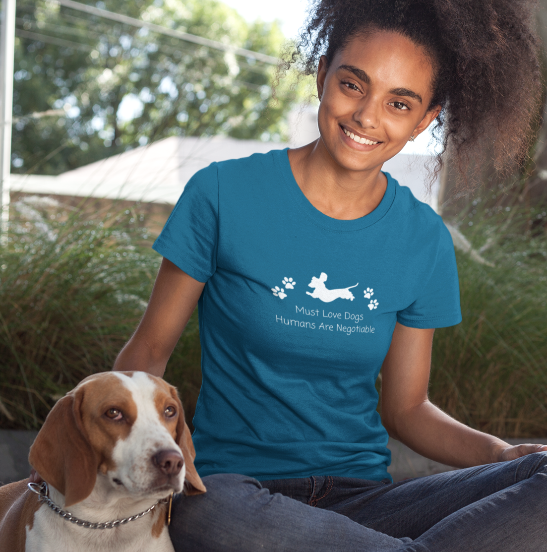 Must Love Dogs Humans Are Negotiable | Doxie | Dachshund | Weiner Dog | Funny | Humor | Mens Womens | Soft Unisex Jersey Short Sleeve Tee